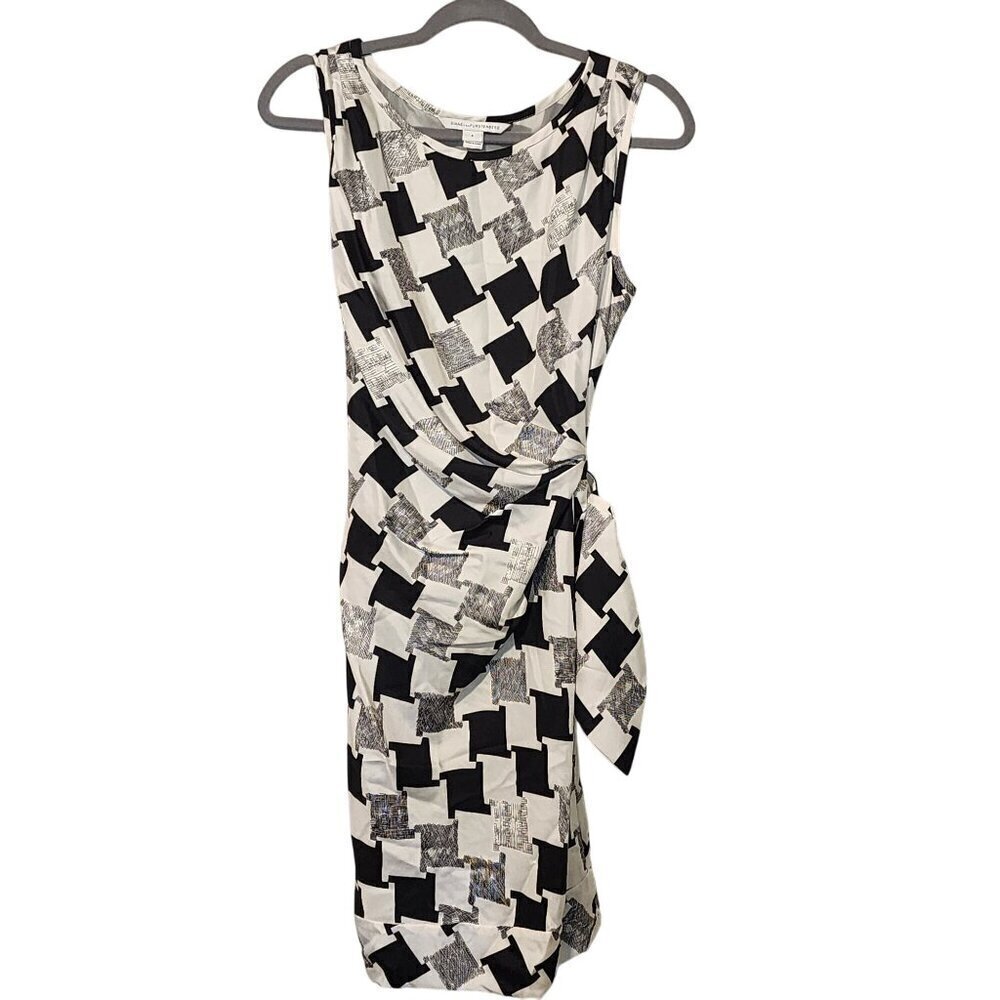 Diane von Furstenberg sz 8 100% silk  Della Dress 4 Black White Side Tie  DVF